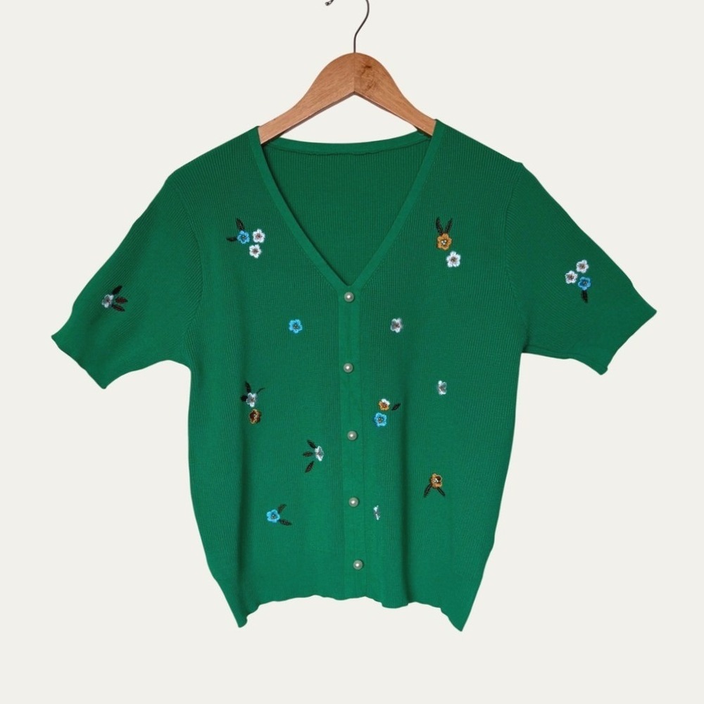 Unbranded Short Sleeve Top Medium Green Floral Pearl Button Ribbed Cottagecore